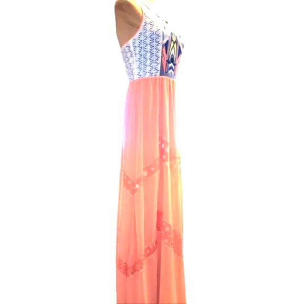 Champagne & Strawberry Anthro Pink &‎ Blue Embroidered Maxi Dress Size S - Picture 6 of 13
